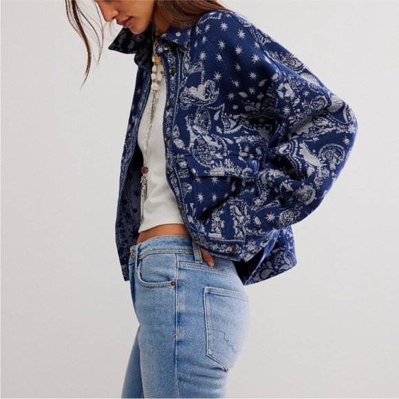 Free People Navy and White Cotton Jacket - Picture 2 of 12